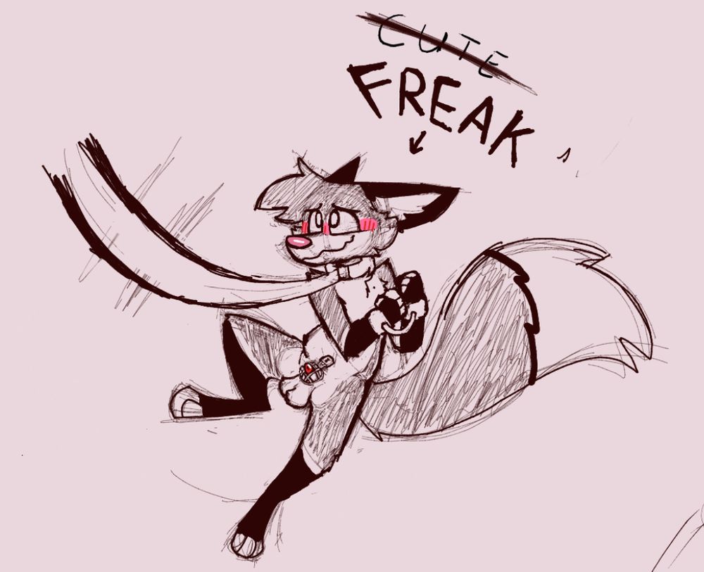 A sketch of a furry fox blushing, being handcuffed and leashed while wearing a chastity cage 