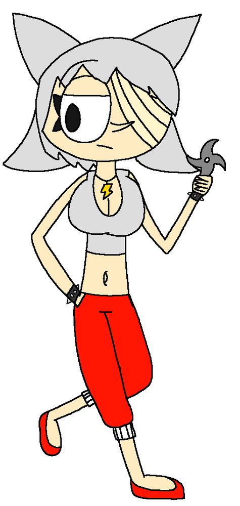 Jetto Dizuni as an adult, She has a gray Haircut remininscent of Jetix, she wear a Gray Tank Top, Spiked wristbands, as she is holding a Shuriken and has a thunder shaped pendant. She wears Red pants and pumps shoes. She would be the same age as Gulliver's "Gulli Prime" Form