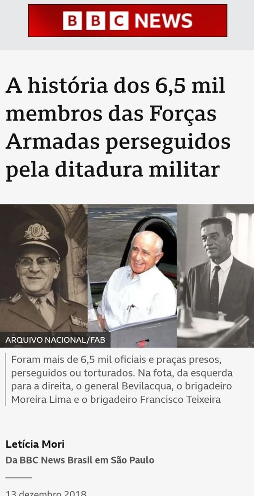 Imagem de matéria da BBC abordando 6.5 mil militares presos e torturados pela Ditadura por se oporem ao golpe