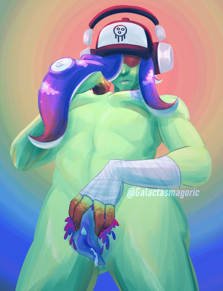 Version 1 of the same drawing: Acht from Splatoon, from the waist up, looking at the camera, naked, with a wet vagina. Their left hand is spreading their labia.