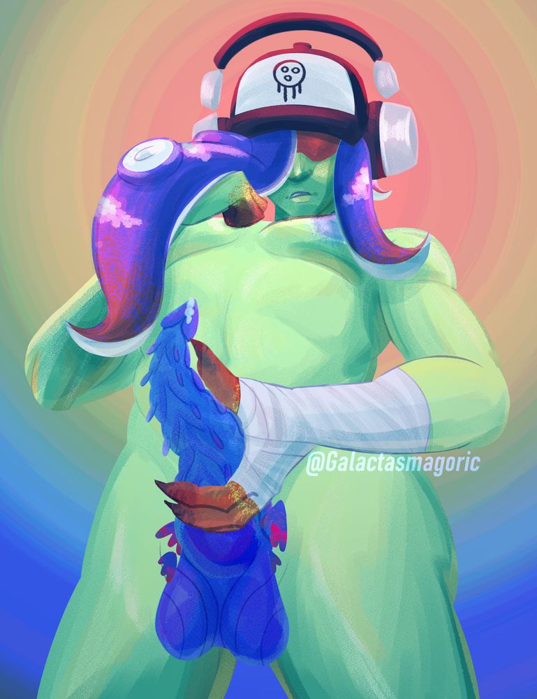 Version 3 of the same drawing: Acht from Splatoon, from the waist up, looking at the camera, naked, with a prehensile tentacle penis. Their left hand is holding their penis.