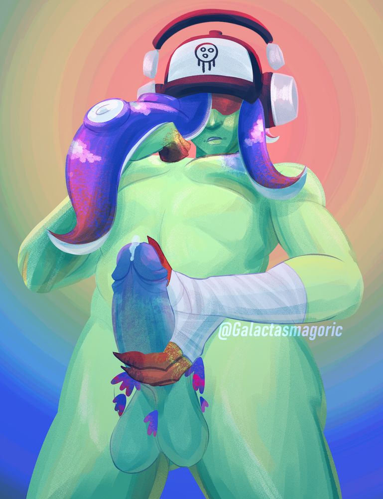 Version 2 of the same drawing: Acht from Splatoon, from the waist up, looking at the camera, naked, with an erect penis. Their left hand is holding their penis.