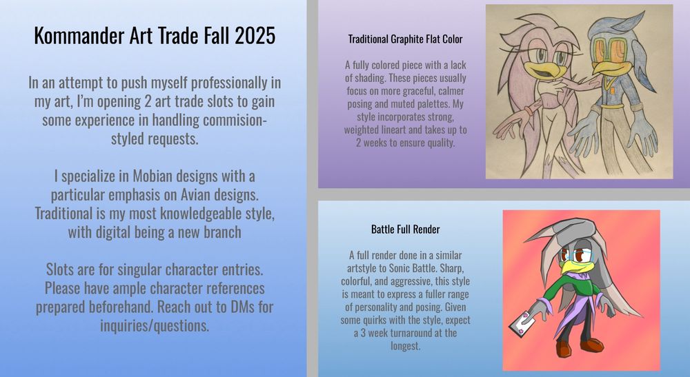 A Comm ref sheet for Kommander’s art trade availability, noting both Digital and Physical styles.