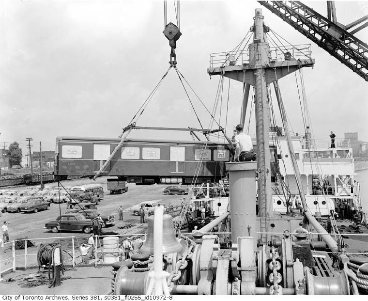 One of the Gloucester, England-built cars for the new TTC subway is unloaded from a ship at Montreal Harbour in July 1953. City of Toronto Archives photo.