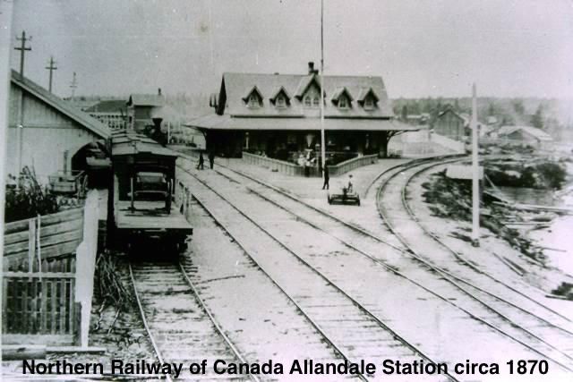 The Northern Railway of Canada (formerly the Ontario, Simcoe & Huron) Allandale railway station circa 1870, with the "Barrie switch" curving off to the right. Photo from the Archives of Ontario.