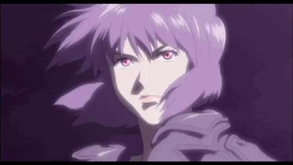 a woman with purple hair and red eyes looks angry