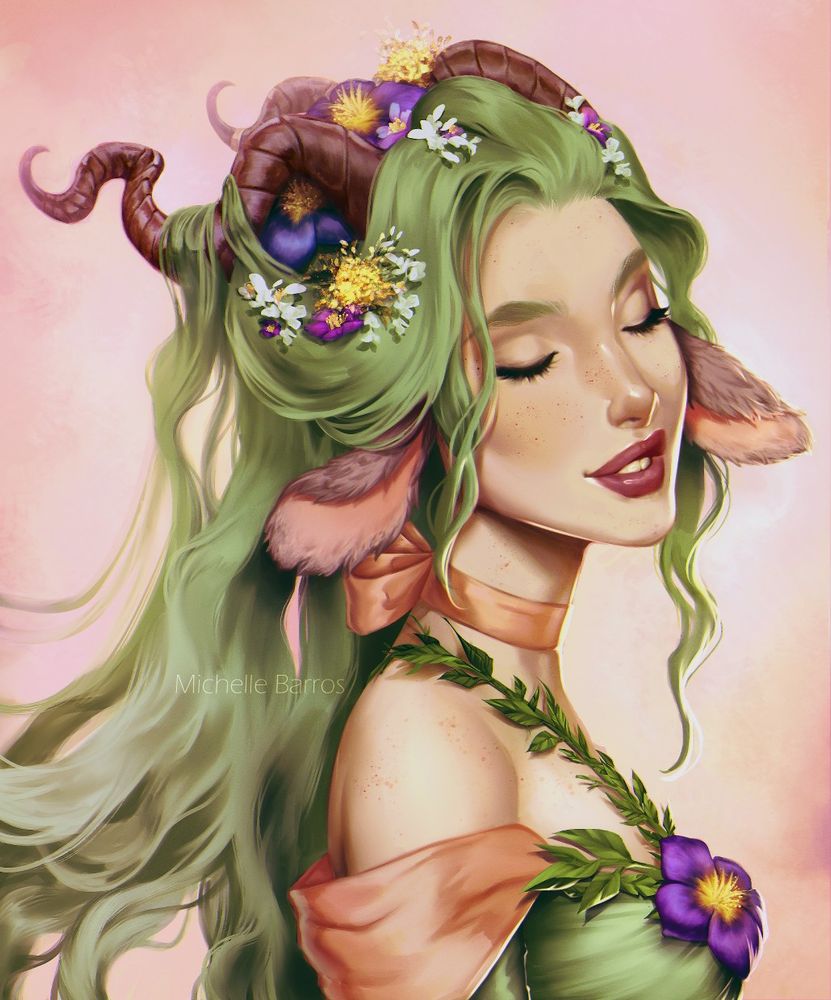 An illustration of a faun-like woman, with light green hair the color of fresh grass that matches her outfit, fluffy flopped ears, twirling horns and flowers of different shapes and sizes adorning her head. Despite her standing sideways, her face is slightly turned towards the viewer as she's facing downwards, with her eyes closed and a peaceful expression sitting on her visage.