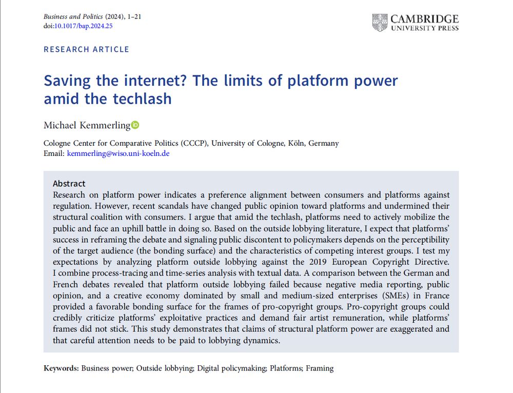 Screenshot of the title page of a scientific articel titled "Saving the internet? The limits of platform power amid the techlash". Full text available here: https://www.cambridge.org/core/journals/business-and-politics/article/saving-the-internet-the-limits-of-platform-power-amid-the-techlash/F5CE70373C8C971BE4F2B4E7B73ADE98