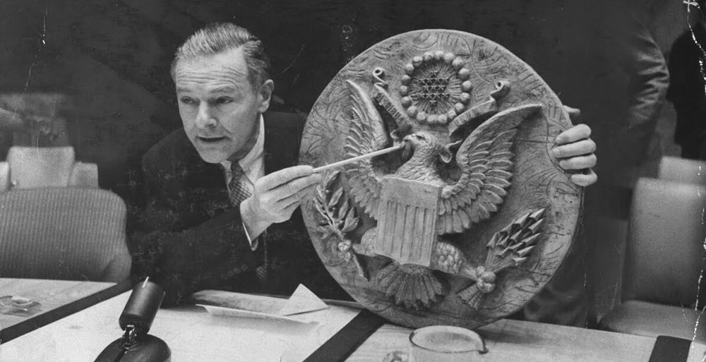UN ambassador Henry Cabot Lodge displaying the bug found in the US embassy in Moscow in 1952 