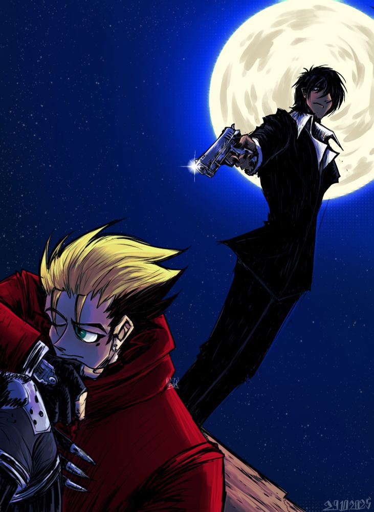 Wolfwood against the of the moon points his gun at Vash. Wolfwood looks focused. Vash seems unaware of the gun, but one eye is open and he is focused too.