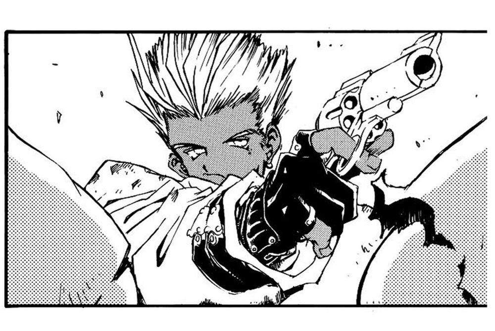 Vash is pointing a toy gun at one of the bounty hunters. He looks serious. The image is from original manga "Trigun" by Yasuhiro Nightow. 