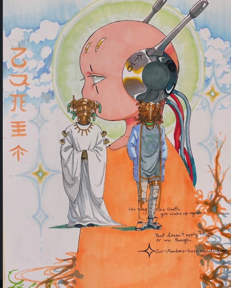 A hand drawing of characters from Rain World. Two are walking in the center on a background of a larger bald character. 