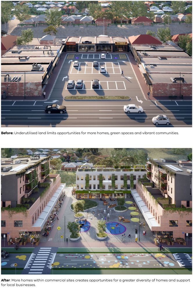 Screencap of an image from Plan for Victoria (2025), no title. The image shows the same centre twice, first as is, and second after treatment that adds "gentle" density, removes centre car parking (unclear to where) and institutes a road diet. 