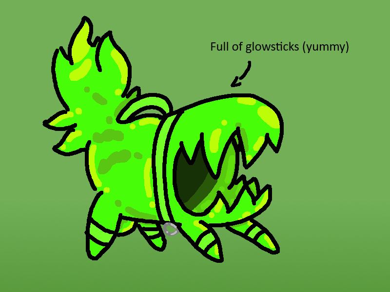 A rubbermon of Horror from Nuclear Throne, it is shaped as some sort of eyeless dog shaped radiation creature with a singular large mouth taking up a majority of its appearance, this version however is shiny and reflective with small cuffs on its legs, a collar wrapped around its torso as it lacks a neck, and a handle on its back, a small annotation next to it says "Full of glowsticks (Yummy)" with an arrow pointed toward it
