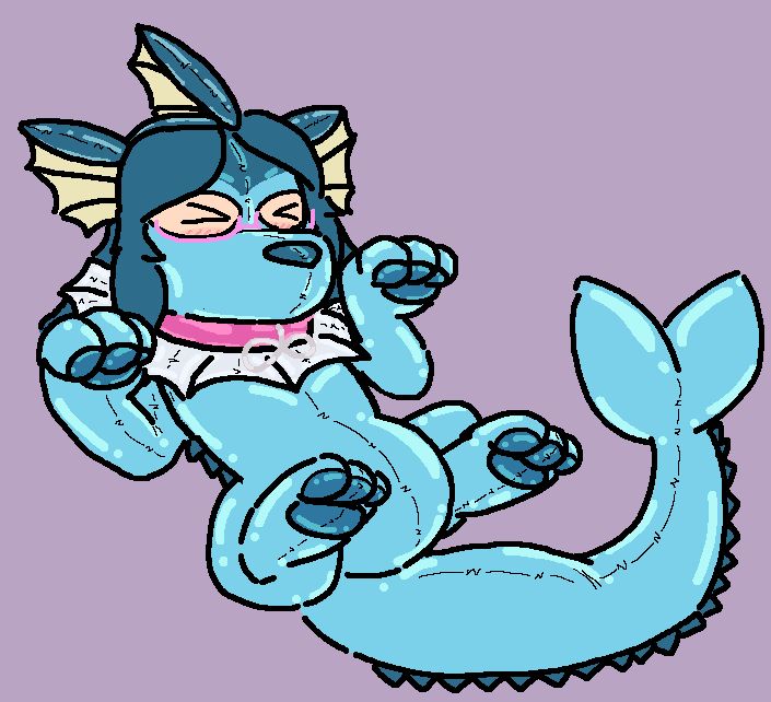 The same rubbermon as before but wearing a custom mask fit over her reshaped head, with her visible eyes squinted from excitement, she is also wearing a wig to match the correct colour for on top of a vaporeon's head