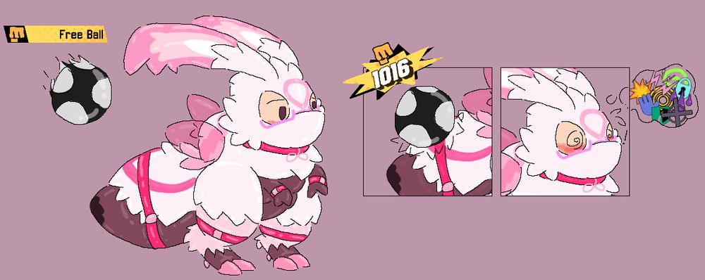 A short sequence of a rubbermon Lunaptra from Beastieball, seemingly unaware of the ball coming toward it from behind.
The ball is shown to be a Free Ball, which only does 1 damage, but with it landing on the abdomen, implied to be secured by a large toy, causing 1016 damage, instantly flooding it with multiple statuses at once, rendering it unable to play further