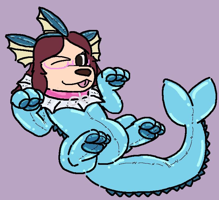 A rubbermon vaporeon with a human head fully visible, however her head has been mildly reshaped to have a snout and canid nose, her hair is maroon in colour, she is also wearing a headband for the head fins