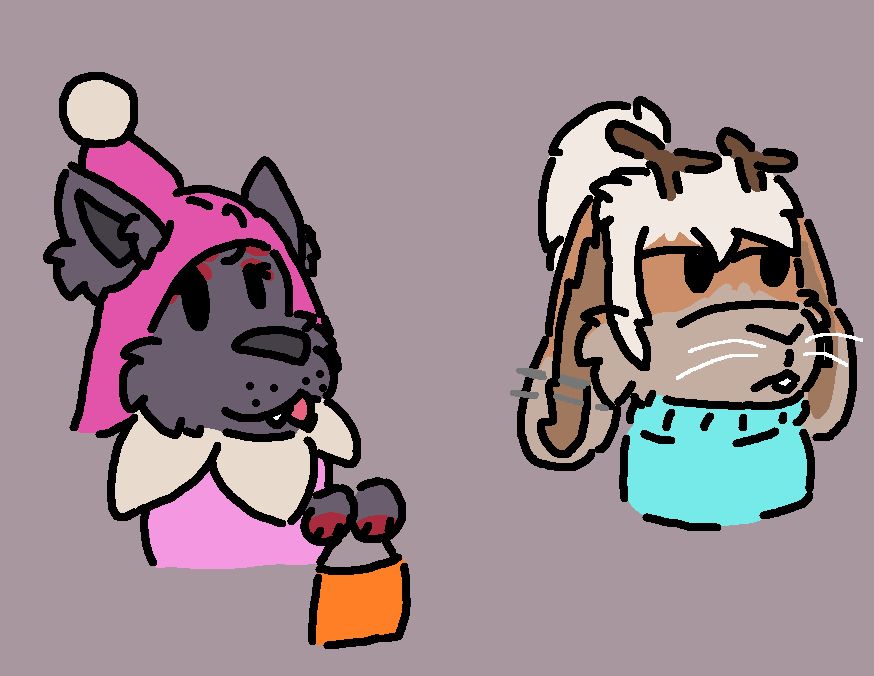 A silly doodle of Ellie, a zorua, dressed in a pink outfit with a petal like collar and a pointed pink cap with a white ball at the top, resembling a town Minish from minish cap. Beside her is Nicki, a jackalope looking mildly annoyed at having to wear a blueish sweater, referencing the outfit Reggie wears in the "I like guys" video
