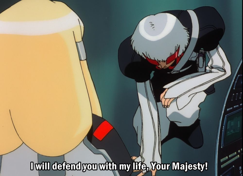 I will defend you with my life your majesty. 

Harry Ord kneeling before queen Dianna (it's not her lololol) Turn a Gundam screen shot. 
