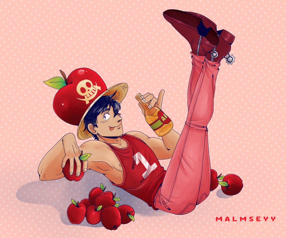 A drawing of luffy from one piece, in the apple outfit from a color spread oda made. He is sitting back with his legs up in the air and his ankles crossed. He's holding apple juice in one hand and an apple in the other. There are multiple apples around where he's sitting.