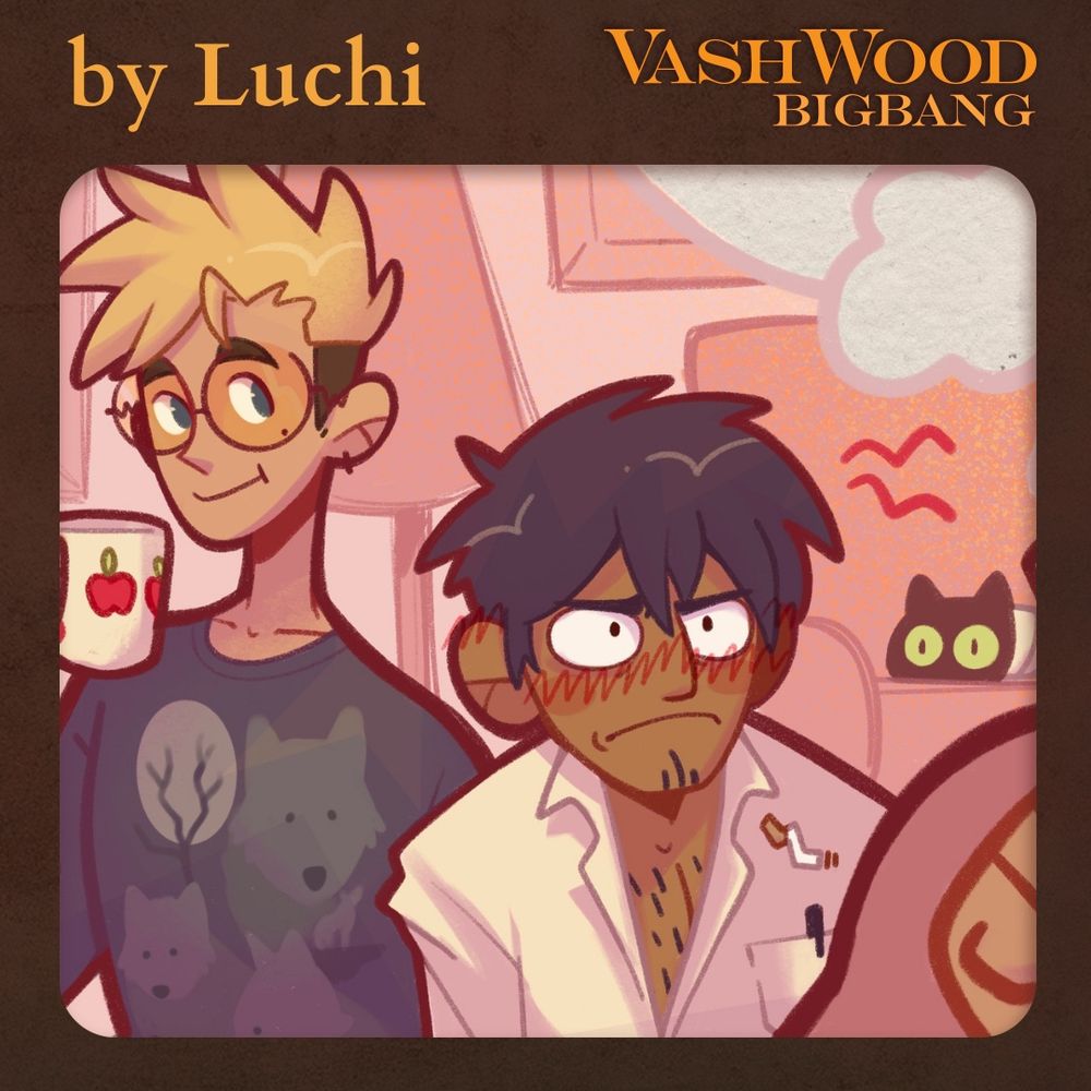 Text: "by Luchi", "Vashwood BigBang"  Image: Wolfwood blushing hard in the middle of the frame, with a murderous face on his face and his cigarette falling down. On his right, Vash is looking at him with a light smile. He's wearing a Wolves T-shirt and holding an apple theme mug.  On Wolfwood a left, there's Kuroneko with her eyes wide open.