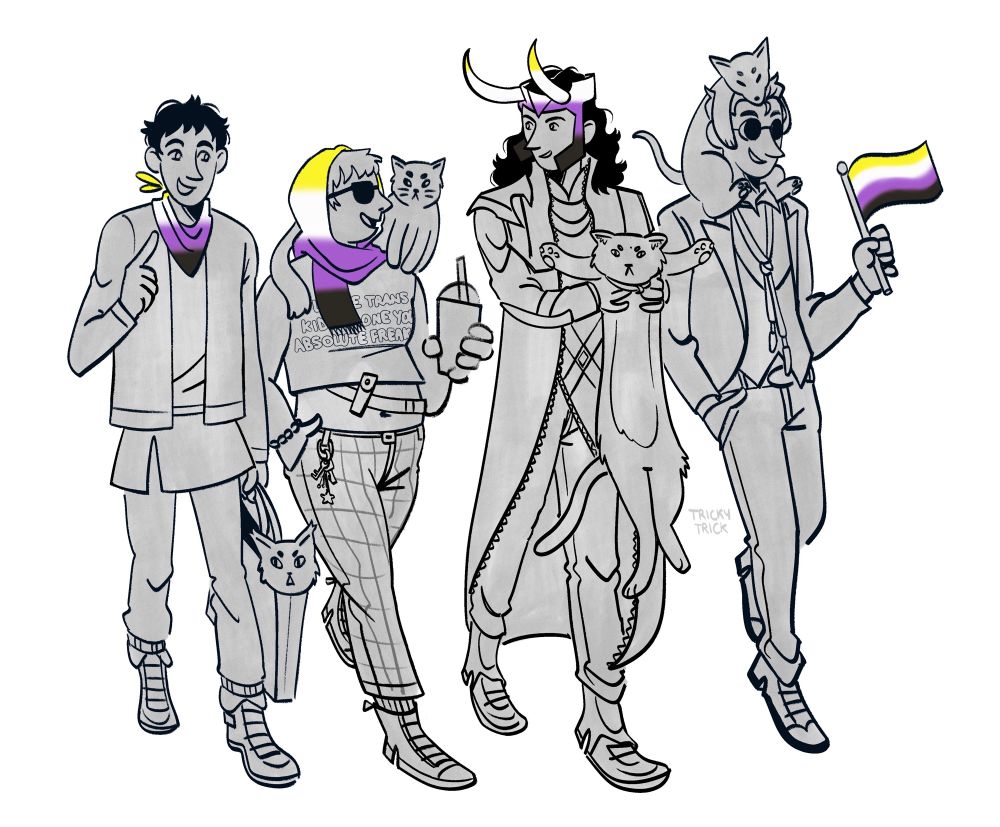 A greywash comic lineart drawing of four figures walking and each bearing a nonbinary pride flag. They are the characters Merlin from the BBC TV show, Loki from the MCU, Crowley from Good Omens, and the user.