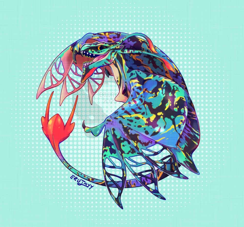 An illustration of a teal ikran from the Avatar series curled into a ball as it flies.