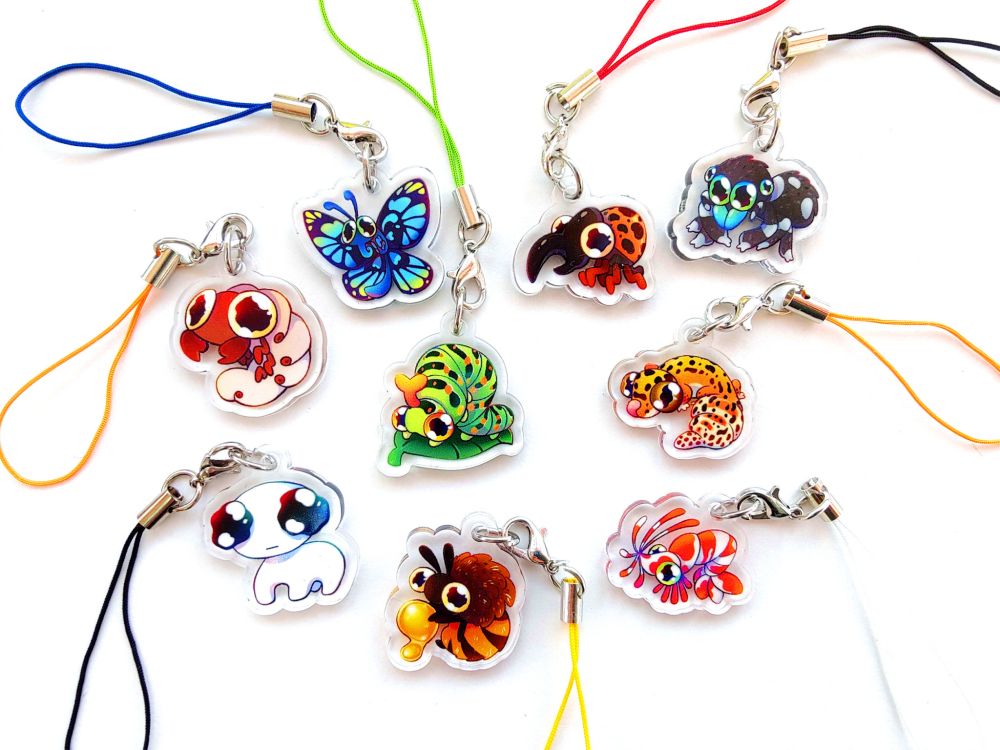 Small acrylic phone bug charms featuring a grub, beetle, butterfly, bee, caterpillar, spider, shrimp, and 2 intruders: a leopard gecko and tbh creature.