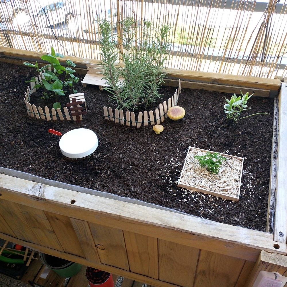 Photo de la jardinière qui a évolué avec un espace détente, des champignons et un clin d'œil aux sims 1 abracadabra 