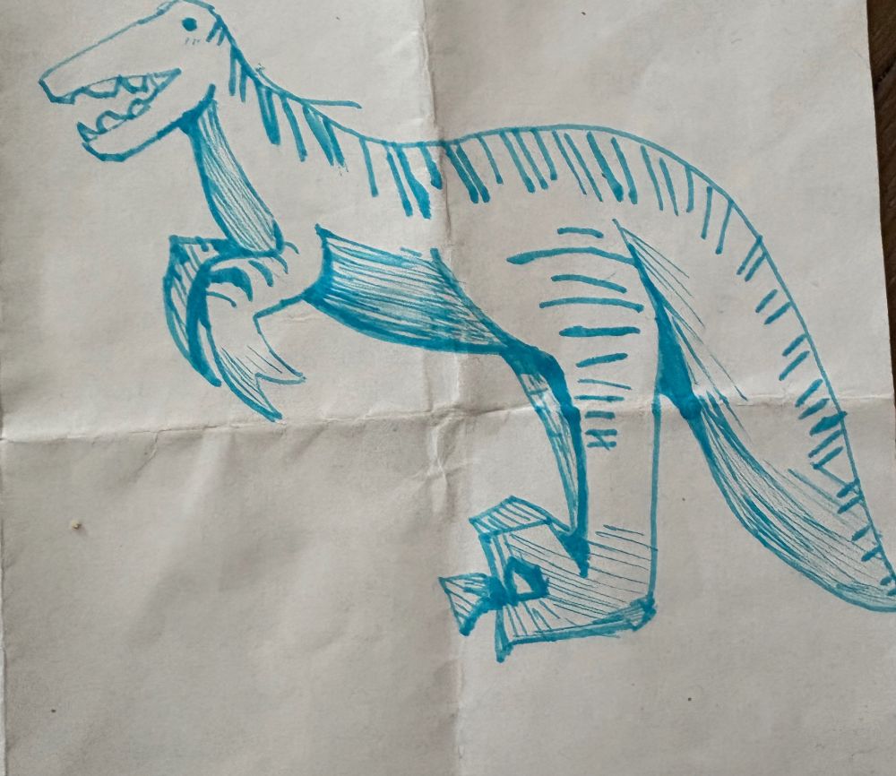 A velociraptor standing tall. It has a thick tail and little shirt fighty arms with a Dino smile. It has stripes going down its back and legs 
It’s drawn in blue highlighter 