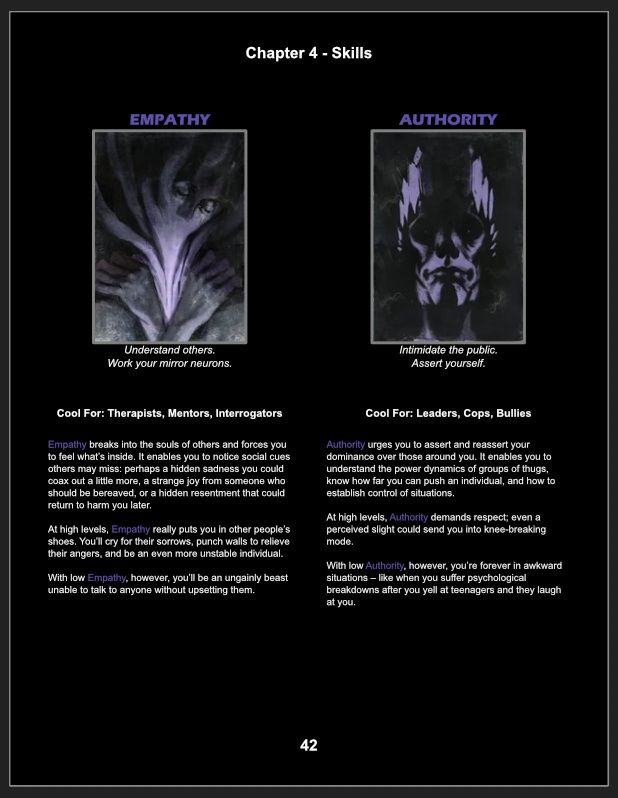 Draft of a skill page excerpt from a fan-made Disco Elysium TTRPG, showing the skills Empathy and Authority from the video game. 