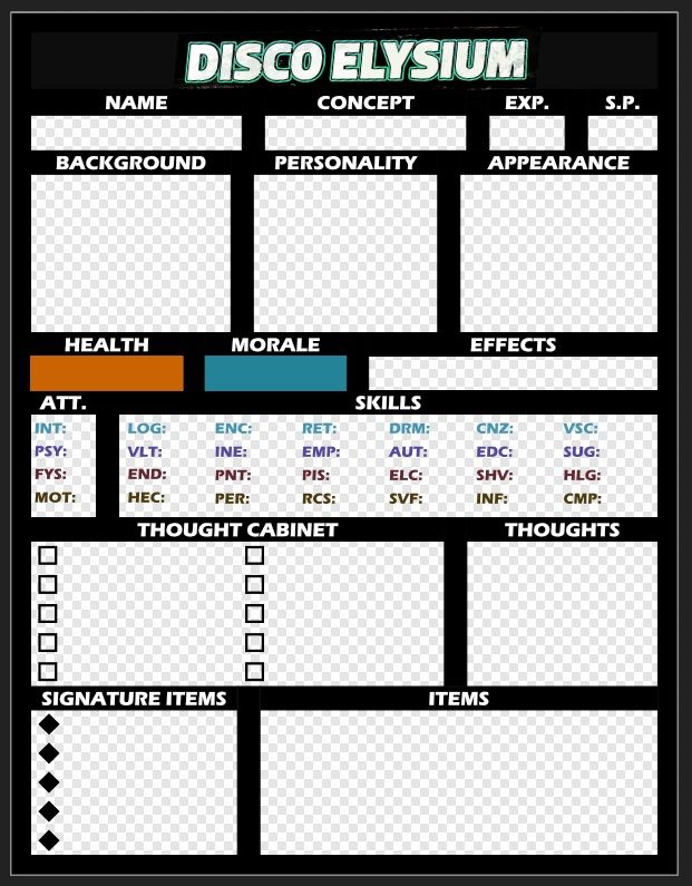 Draft character sheet for fan-made Disco Elysium TTRPG - Includes options for character details such as name, concept, health, morale, skills, thoughts, and items.