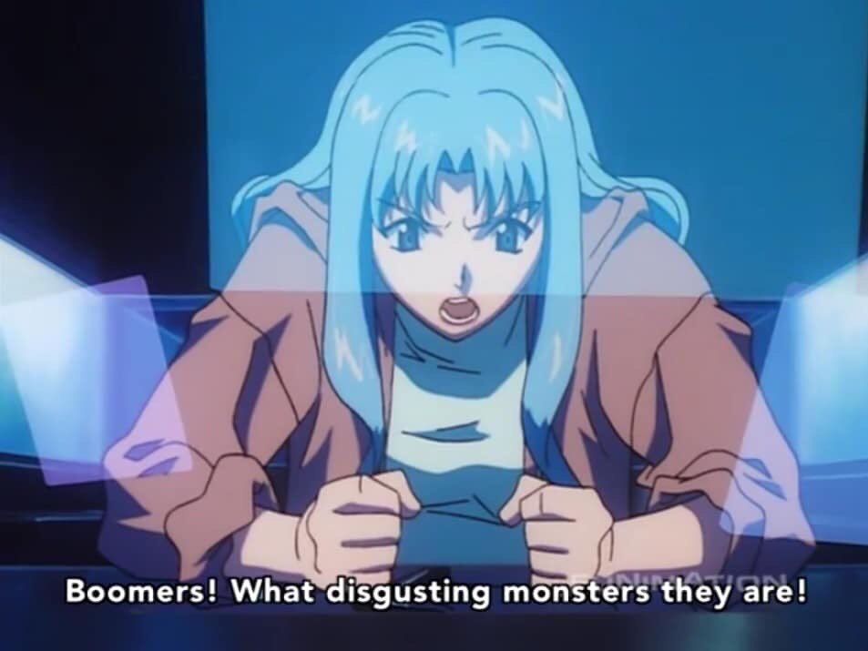 A woman slamming her fists on a desk while shouting, "Boomers! What disgusting monsters they are!"