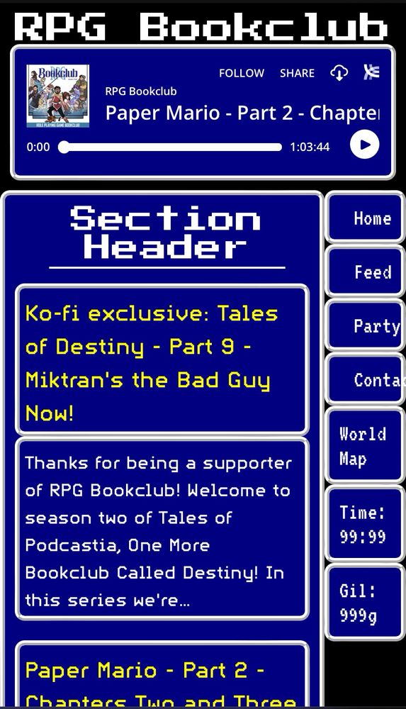 A screenshot of a work in progress website, modeled after a blue and white RPG camp/pause menu, with the navigation menu in the style of the “items, magic, equipment” choices.