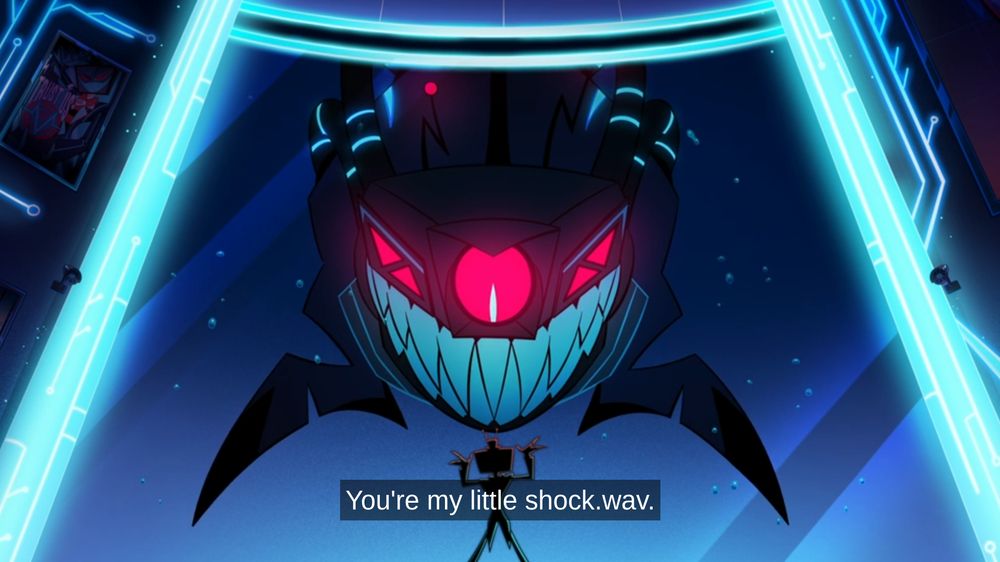 Screenshot from Hazbin Hotel Season 2, Episode 1 of Vox in front of a large tank with a large robotic shark. Subtitles say "You're my little shock.wav."