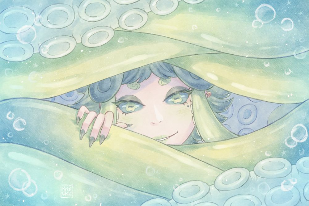 Illustration featuring Hami that belongs to Kapaaheo. It's a woman with green tentacles in her hair. In the picture her tentacle-hair surrounds her as she peeks her face through them with a impish smile