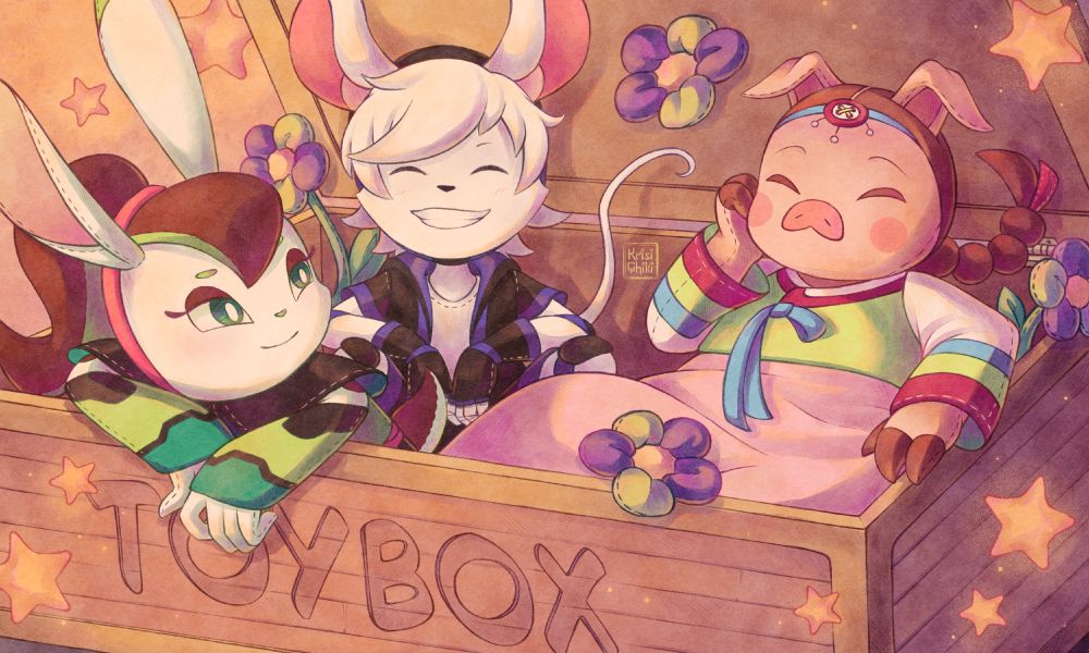 An illustration featuring original characters created by VillyValley. The drawing shows three colourful, living plushies (a bunny, a mouse and a piggy) inside a toybox surrounded by plush stars and flowers.