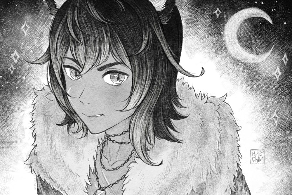 Black and white illustration featuring Lowell who belongs to Timyxaora. He is a wolfman (werewolf) with dark hair, wolf ears and wears a coat with fur. Behind him is a starry night sky with a crescent moon.