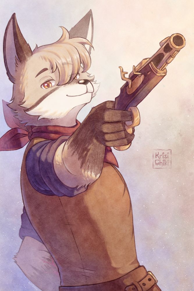 Illustration featuring Oakley Monte who belongs to washoensis. He is an anthropomorphic coyote holding a pistol up with a smug/playful smile on his face