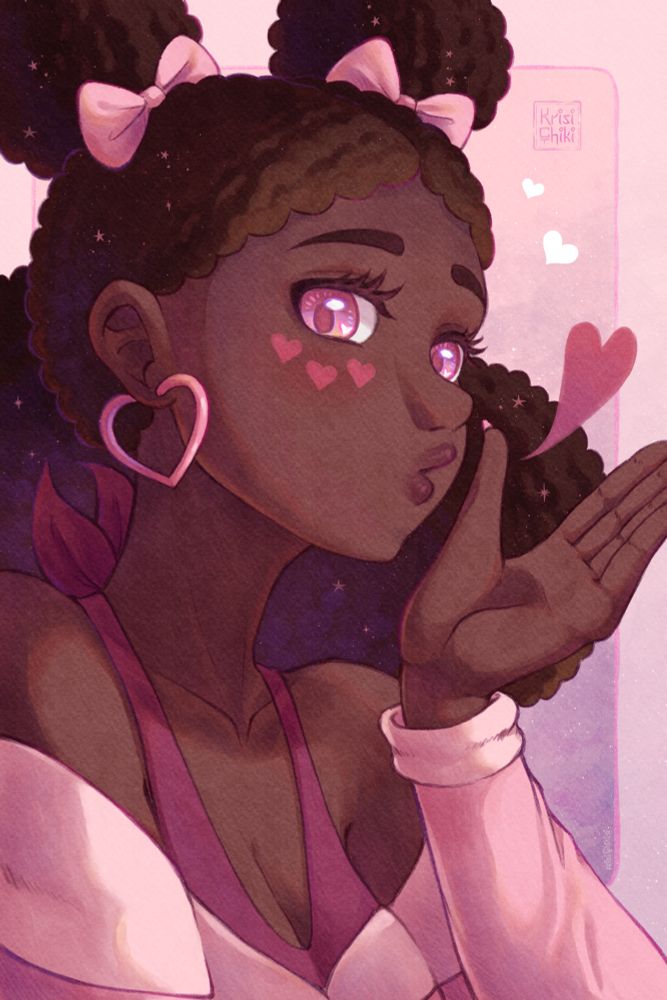 Portrait illustration of Katta who belongs to Sadgirl6014. She is looking at the camera and blows a kiss. Katta has dark skin, textured hair in two small buns and two large buns, pink eyes and wears a pink outfit and has two pink ribbons in her hair