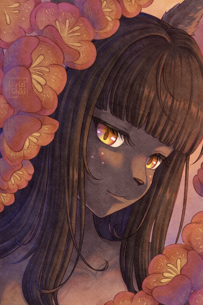 Portrait illustration of an anthropomorphic feline character called Fita belonging to methynecros. She is looking at the character while the setting sun's gentle light illuminates her face. Orange-purple flowers frame her face