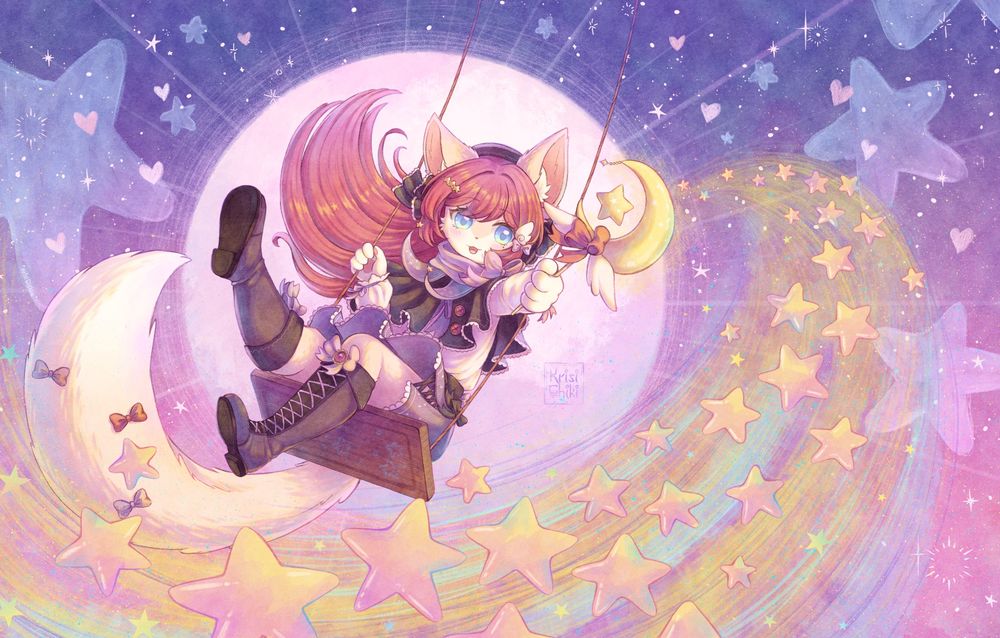 Illustration featuring an anthropomorphic character named Ailia that belongs to @hrf-ailia. The character has cream-coloured fur, long magenta hair, big ears and a fluffy tail and lots of ribbons and stars. She is sitting on a swing as a trail of stars leave her moon-shaped wand