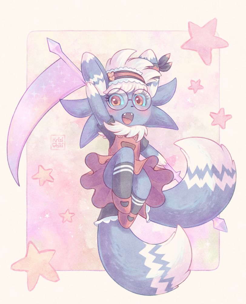 Illustration of Igni who belongs to ignisiumz. She's a Meowstic character (male form) in a red dress with red glasses and holding a purple scythe. She has a dynamic pose looking a the camera