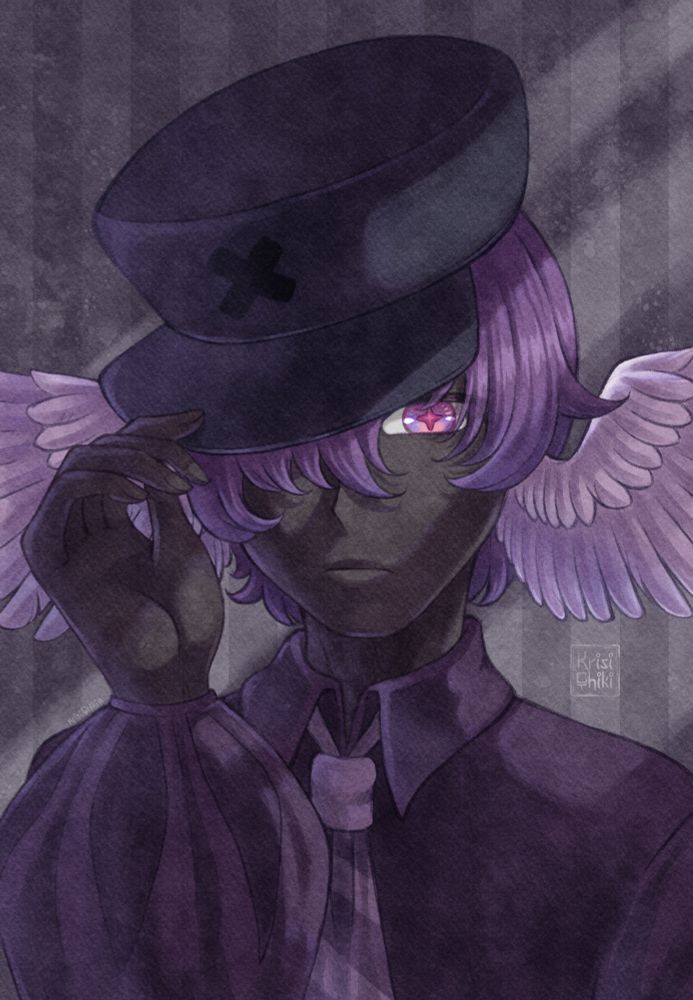 Portrait illustration featuring Falin who belongs to kikaonline4. A dark skinned man with purple hair, pink-ish eyes and a purple attire. He also has white wings sprout from the area of his ears. He looks at the camera as he pulls his hat down