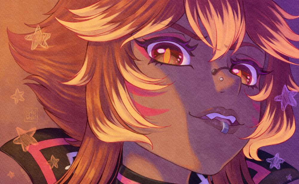 Illustration in headshot style featuring Fox, a character who belongs to gxremutt. Fox is looking down to the camera. He has piercings on the lips, nose and eyebrow. Orange, fiery hair with yellow tips and pink eyeliner.