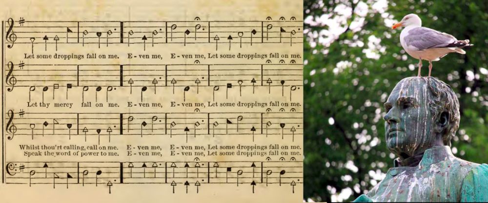 Shape note score: "Let some droppings fall on me / Even me, even me / Let some droppings fall on me / Let thy mercy fall on me / Even me, even me / Let some droppings fall on me. While thou'rt calling, call on me. / Even me, even me. / Let some droppings fall on me / Speak the word of power to me / Even me, even me / Let some droppings fall on me." - and a photo of a statue with a seagull crapping on its head