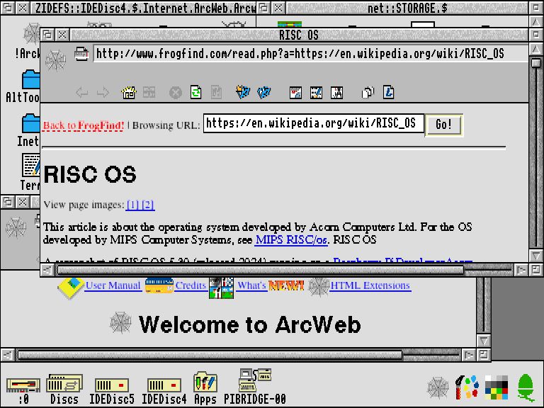 A screenshot of RISC OS 3.1 running ArcWeb, a web browser from the mid-1990s showing the Wikipedia page for RISC OS displayed using FrogFind.
