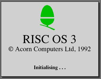 The RISC OS 3 splash screen reading "RISC OS 3, Copyright Acorn Computers Ltd, 1992.  Initialising..."