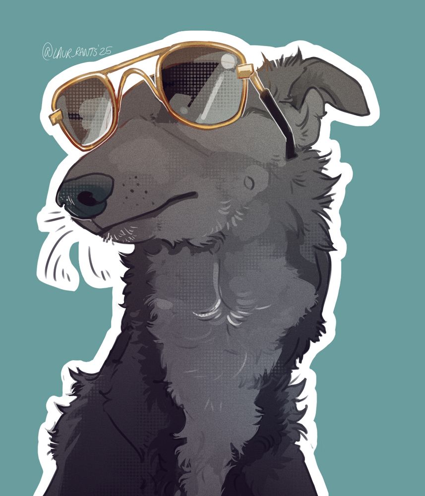 Illustration by laur-rants, 2025. Image is of a black and grey borzoi, wearing sunglasses and looking cool while doing so. 