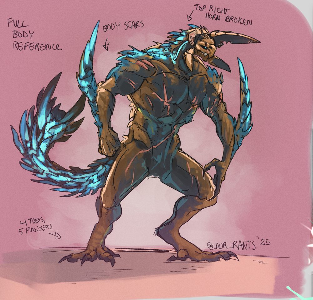 illustration by Laur_rants. 2025. Depicts an anthropomorphized Rey Dau from Monster Hunter Wilds; This specific individual is covered in body scars and his back scales and arm swords burn blue. His top right horn is broken and the top left is partially. 

The text on the picture reads as follows, from Top left, going clockwise.

Top left: Full Body Reference
Top: Body Scars
Top Right: Top right horn broken
Bottom left: 4 toes, 5 fingers